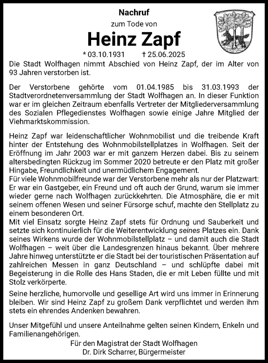Todesanzeige von Heinz Zapf von HNA
