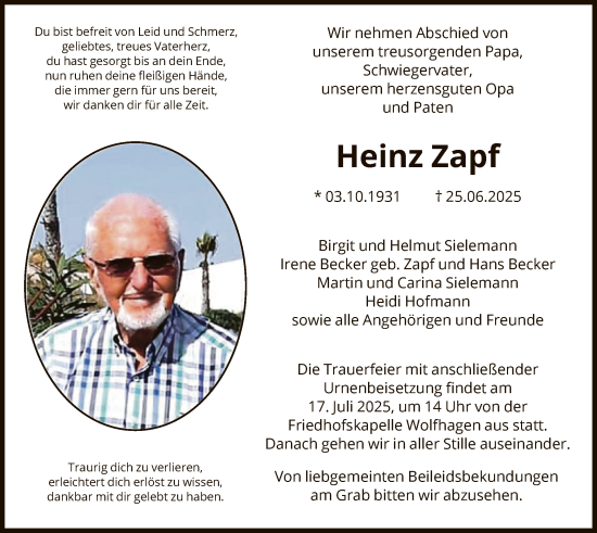 Todesanzeige von Heinz Zapf von HNA