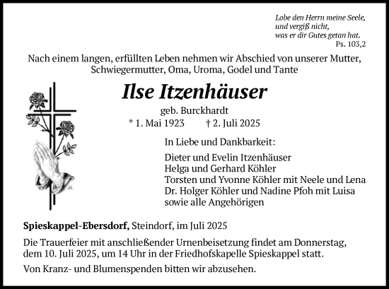 Todesanzeige von Ilse Itzenhäuser von HNAHNA