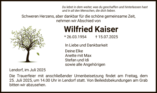 Todesanzeige von Wilfried Kaiser von HNA