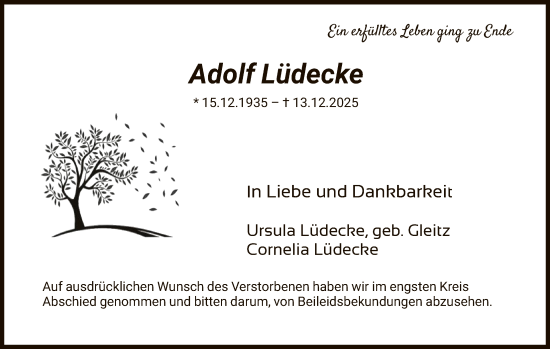 Todesanzeige von Adolf Lüdecke von HNA