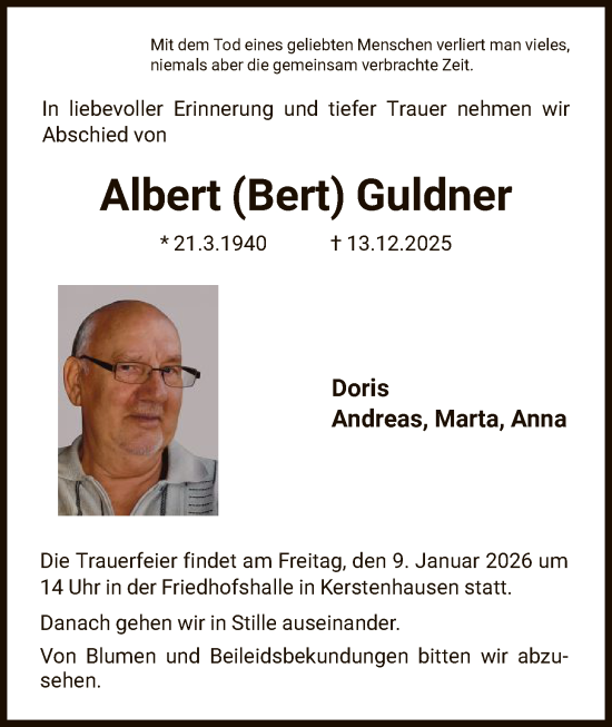 Todesanzeige von Albert Guldner von HNA