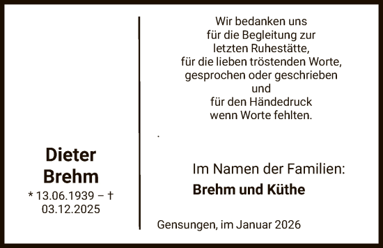 Todesanzeige von Dieter Brehm von HNA