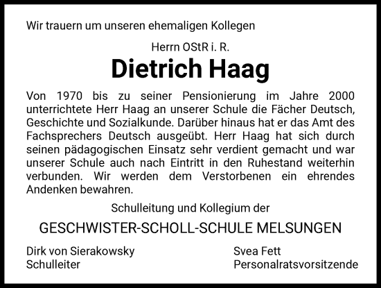 Todesanzeige von Dietrich Haag von HNA