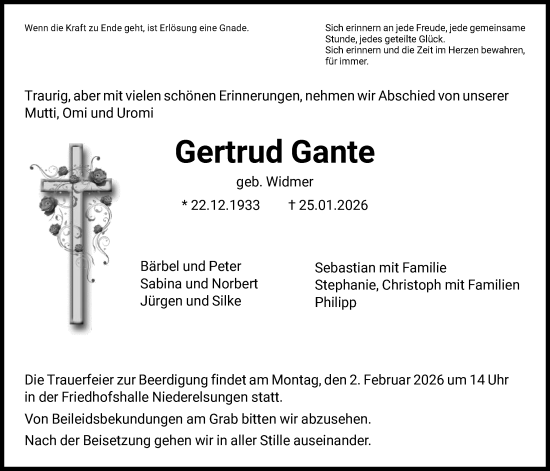 Todesanzeige von Gertrud Gante von HNA