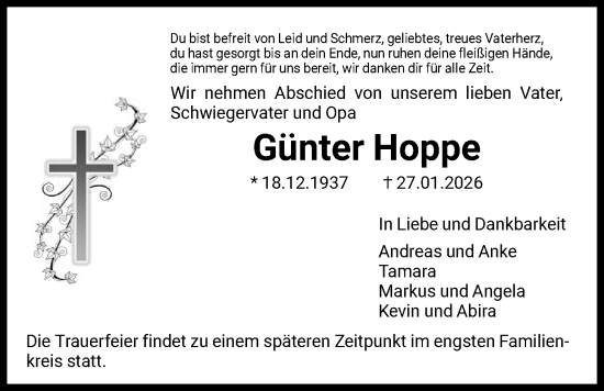 Todesanzeige von Günter Hoppe von HNA