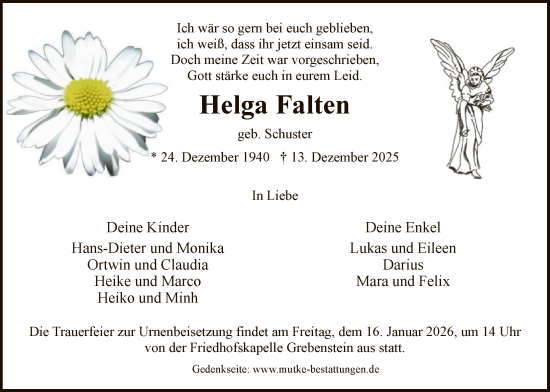 Todesanzeige von Helga Falten von HNA