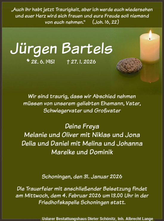 Todesanzeige von Jürgen Bartels von HNA