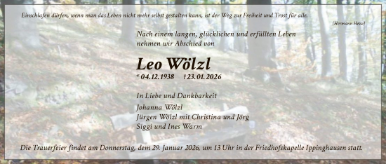 Todesanzeige von Leo Wölzl von HNA