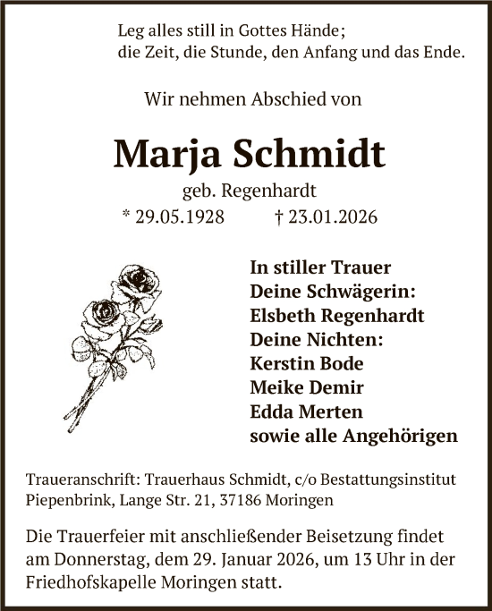 Todesanzeige von Marja Schmidt von HNA