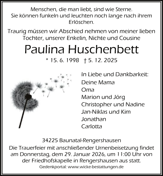 Todesanzeige von Paulina Huschenbett von HNA