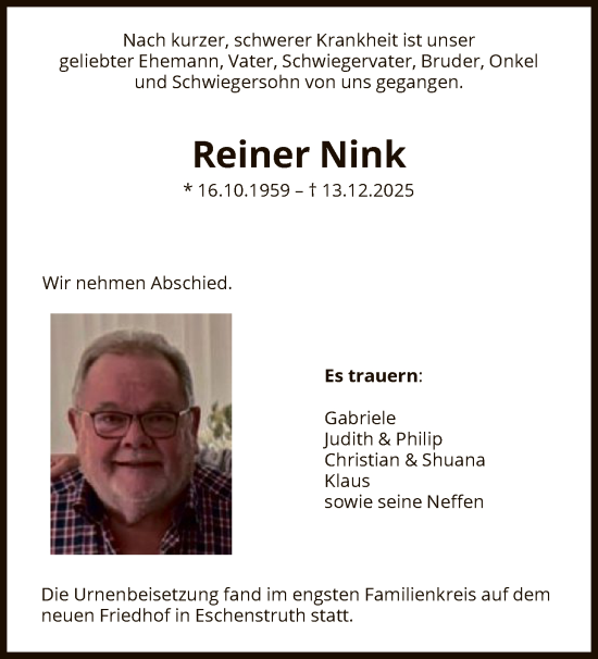 Todesanzeige von Reiner Nink von HNA