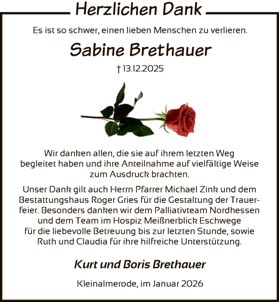 Todesanzeige von Sabine Brethauer von HNA