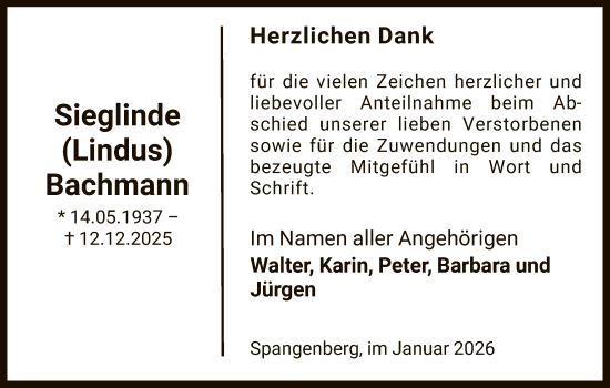 Todesanzeige von Sieglinde Bachmann von HNA