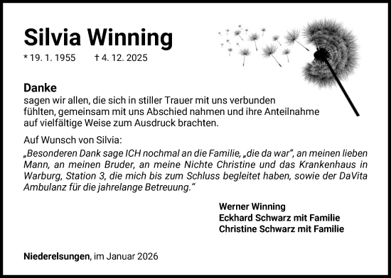 Todesanzeige von Silvia Winning von HNA