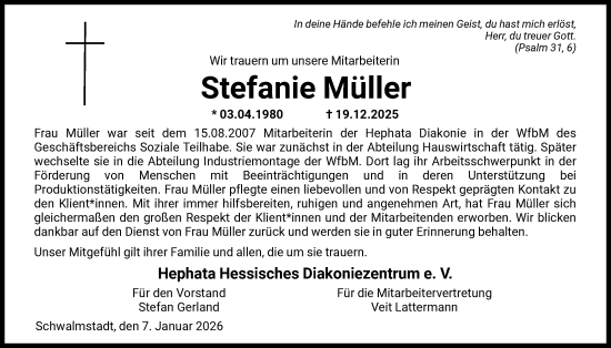 Todesanzeige von Stefanie Müller von HNA