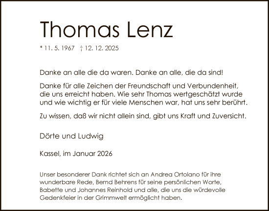 Todesanzeige von Thomas Lenz von HNA