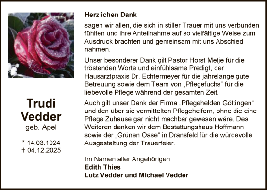 Todesanzeige von Trudi Vedder von HNA