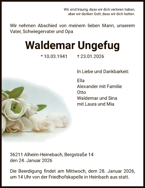 Todesanzeige von Waldemar Ungefug von HNA