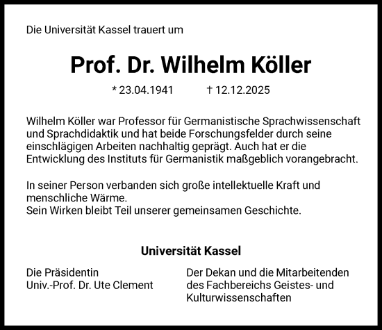 Todesanzeige von Wilhelm Köller von HNA