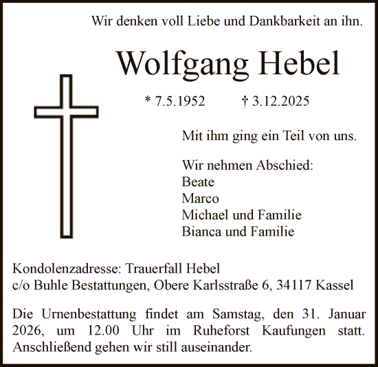 Todesanzeige von Wolfgang Hebel von HNA