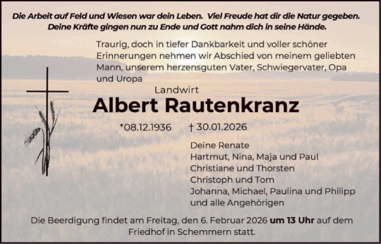 Todesanzeige von Albert Rautenkranz von WRSHNA