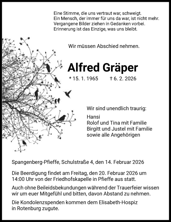 Todesanzeige von Alfred Gräper von HNA