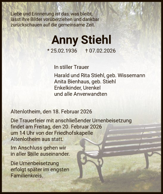 Todesanzeige von Anny Stiehl von HNA