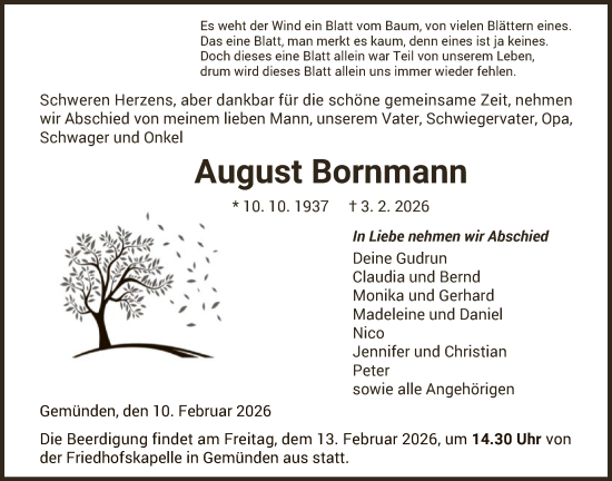 Todesanzeige von August Bornmann von HNA