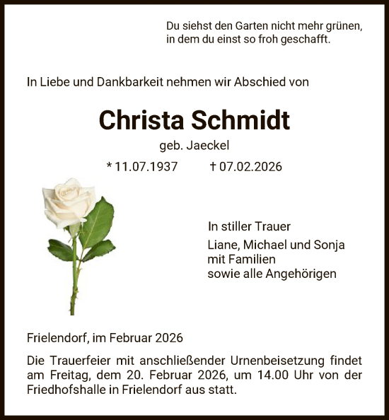 Todesanzeige von Christa Schmidt von HNA