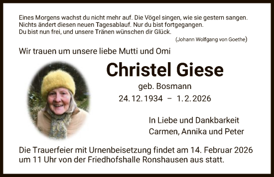 Todesanzeige von Christel Giese von HNA