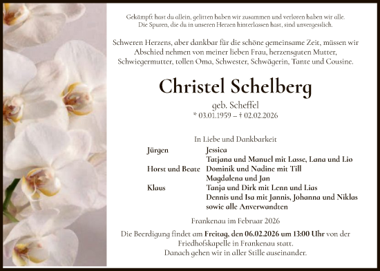 Todesanzeige von Christel Schelberg von HNA