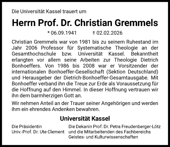 Todesanzeige von Christian Gremmels von HNA