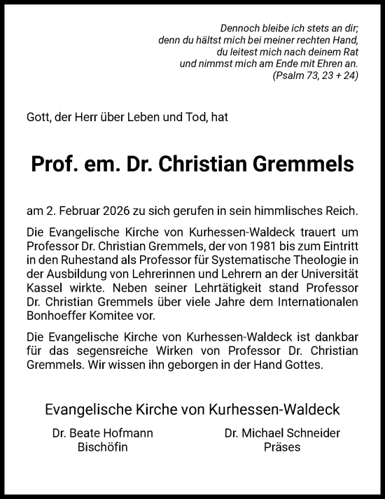 Todesanzeige von Christian Gremmels von HNA