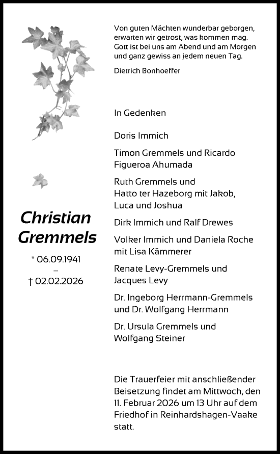 Todesanzeige von Christian Gremmels von HNA