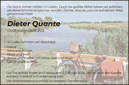 Todesanzeige von Dieter Quante von HNA