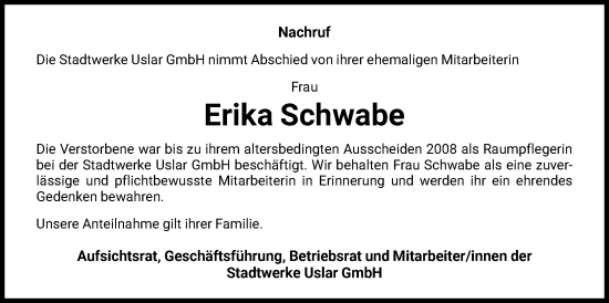Todesanzeige von Erika Schwabe von HNA