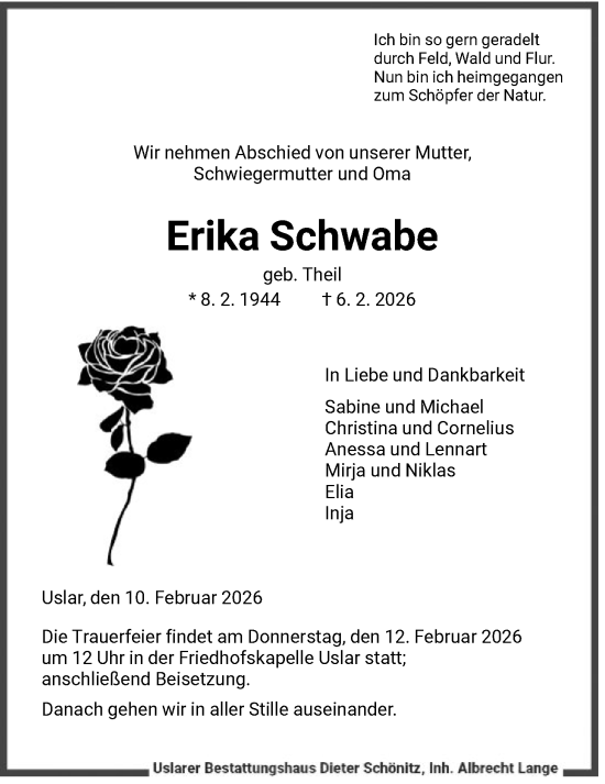 Todesanzeige von Erika Schwabe von HNA