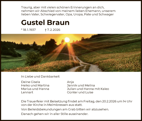 Todesanzeige von Gustel Braun von HNA