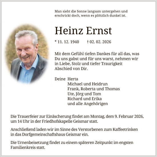 Todesanzeige von Heinz Ernst von HNA