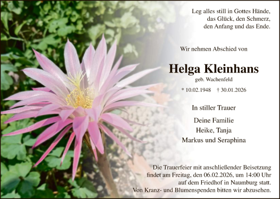 Todesanzeige von Helga Kleinhans von HNA