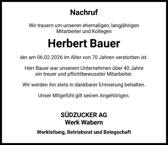 Todesanzeige von Herbert Bauer von HNA