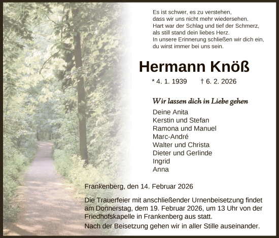 Todesanzeige von Hermann Knöß von HNA