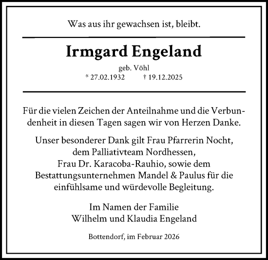 Todesanzeige von Irmgard Engeland von HNA