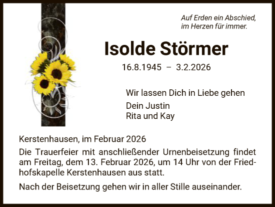Todesanzeige von Isolde Störmer von HNA