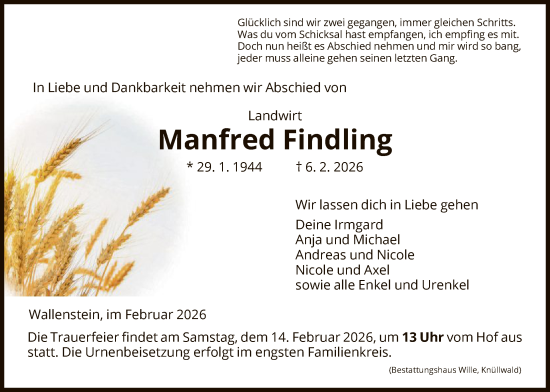 Todesanzeige von Manfred Findling von HNA