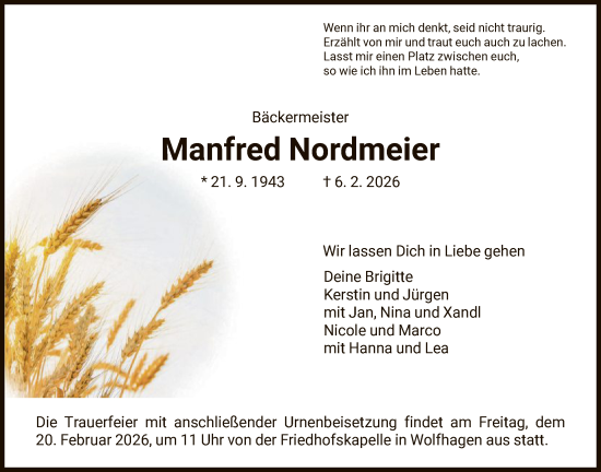 Todesanzeige von Manfred Nordmeier von HNA