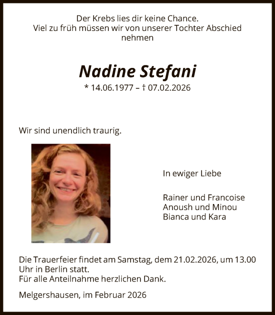 Todesanzeige von Nadine Stefani von HNA