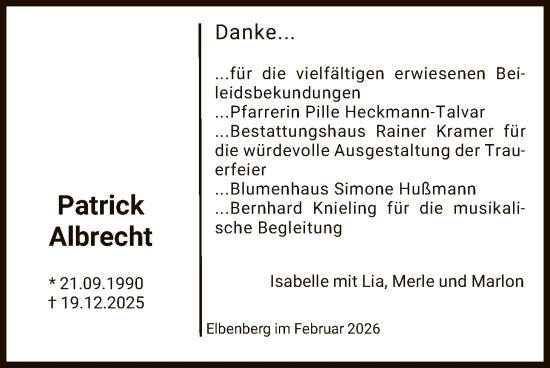 Todesanzeige von Patrick Albrecht von HNAHNA