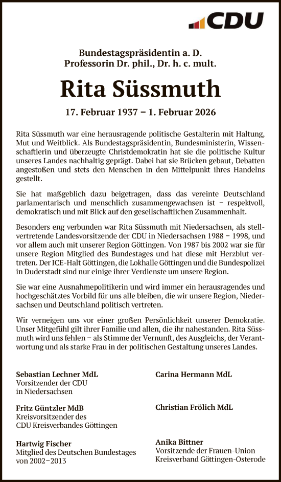 Todesanzeige von Rita Süssmuth von HNA